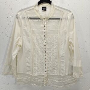 Vtg Tribal Brand Womens Lace Top Size 12 Ivory Button Up Cottagecore Blouse